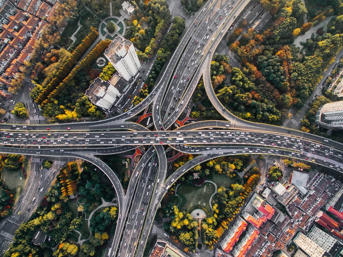 Roads and traffic connecting across an urban interchange